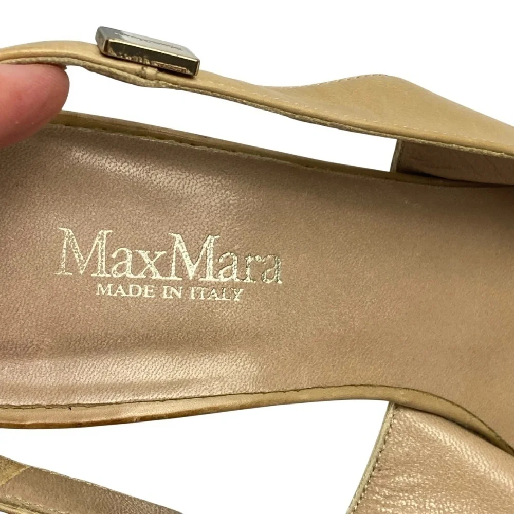 MAX MARA - Slingback Leather Sandals Block Heel Beige Size 38.5